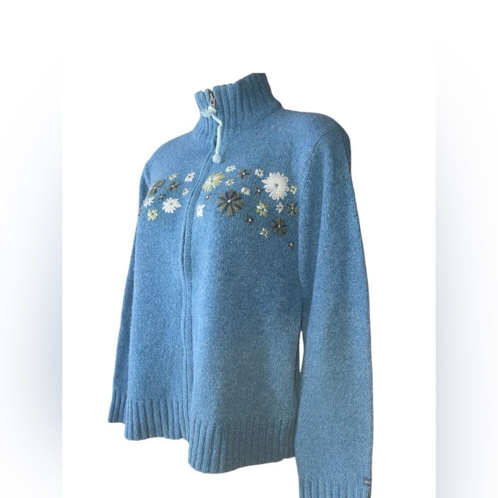 Columbia Blue Knit Zip Cardigan Sz M Embroidered Flowers Long Sleeve Work Casual